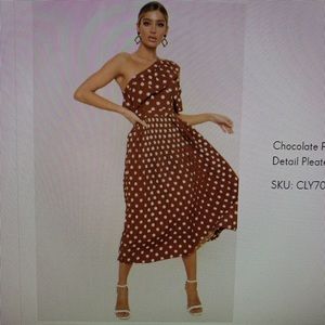 chocolate polka dot one shoulder ruffle detail pleated midi dress